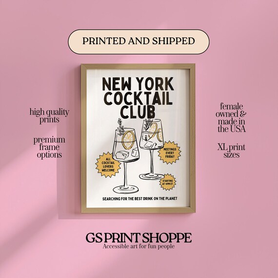 New York Cocktail Club Spritz Glasses Retro Bar Party Wall Art