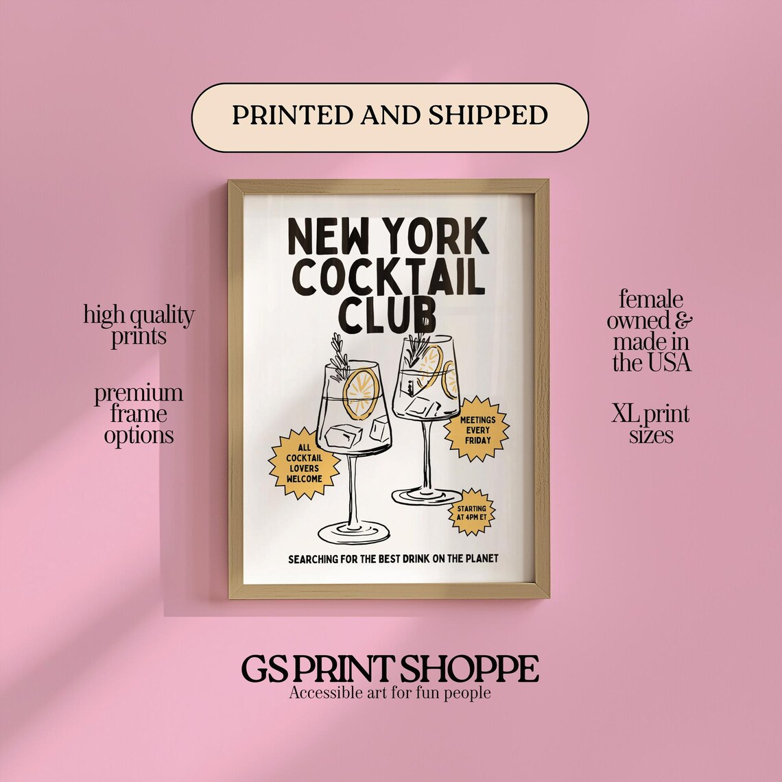 New York Cocktail Club Spritz Glasses Retro Bar Party Wall Art