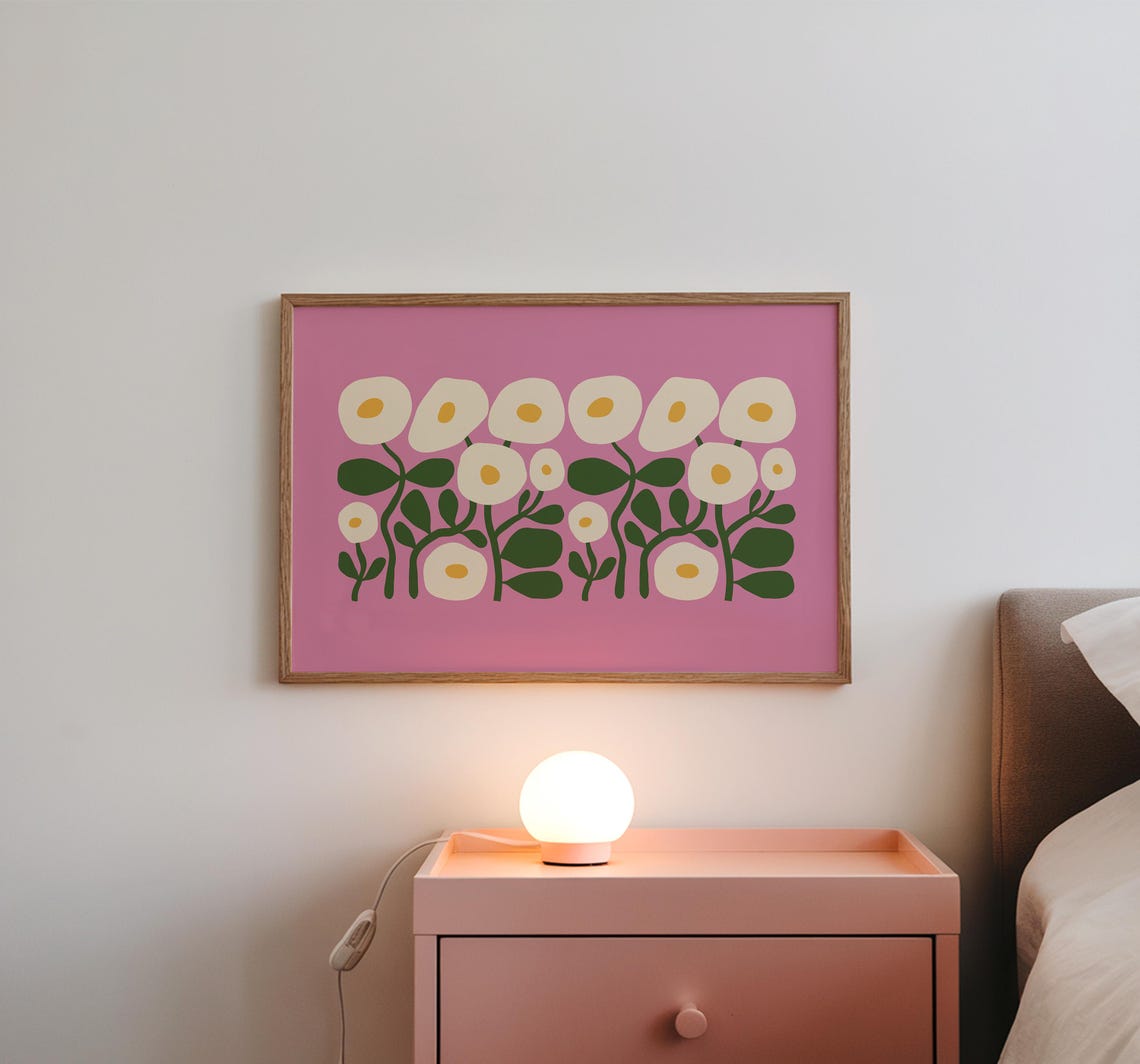 Abstract White Poppy Flowers On Pink Modern Botanical Wall Art