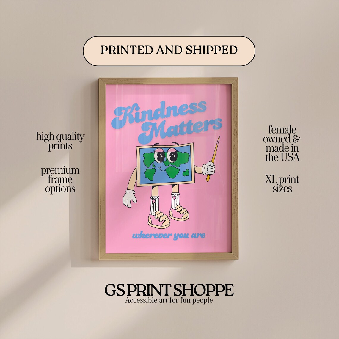 Kindness Matters Pink Blue Retro Cartoon Earth Positive Quote Poster