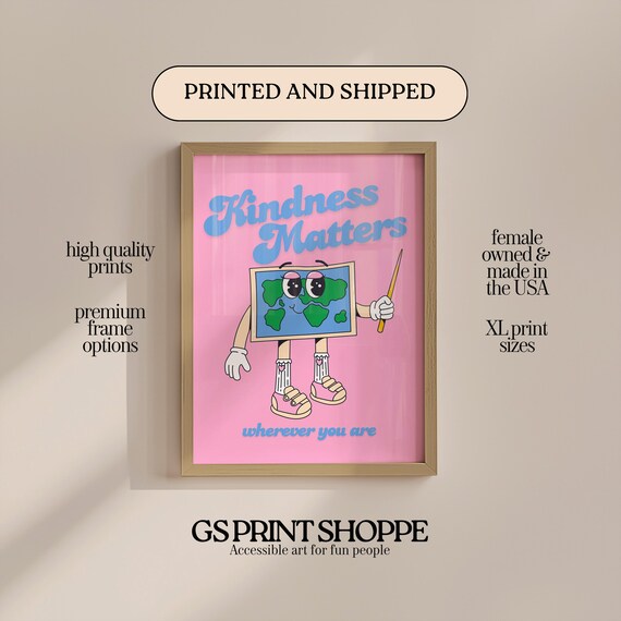 Kindness Matters Pink Blue Retro Cartoon Earth Positive Quote Poster