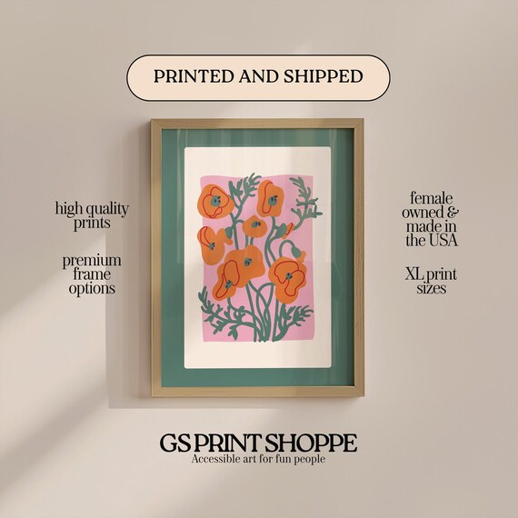 Orange Poppies Floral Art Print Pink Background Botanical Decor