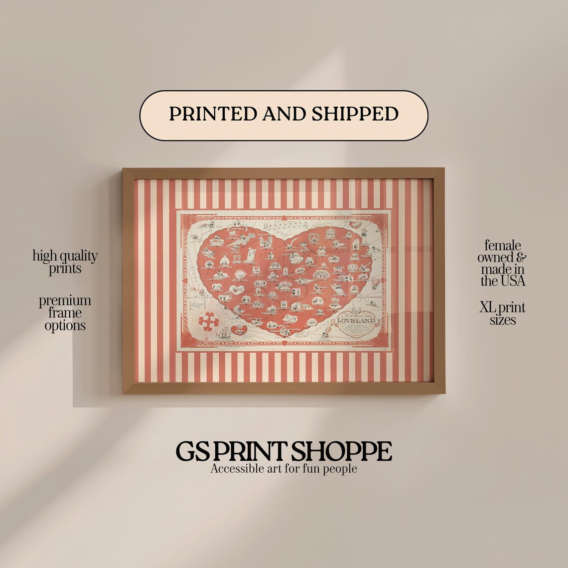 Loveland Heart-Shaped Illustrated Map Vintage Pink Travel Poster