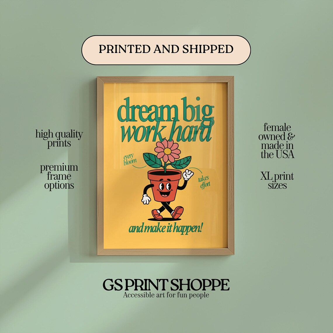 Dream Big Work Hard Flower Pot Retro Motivational Quote Art Poster