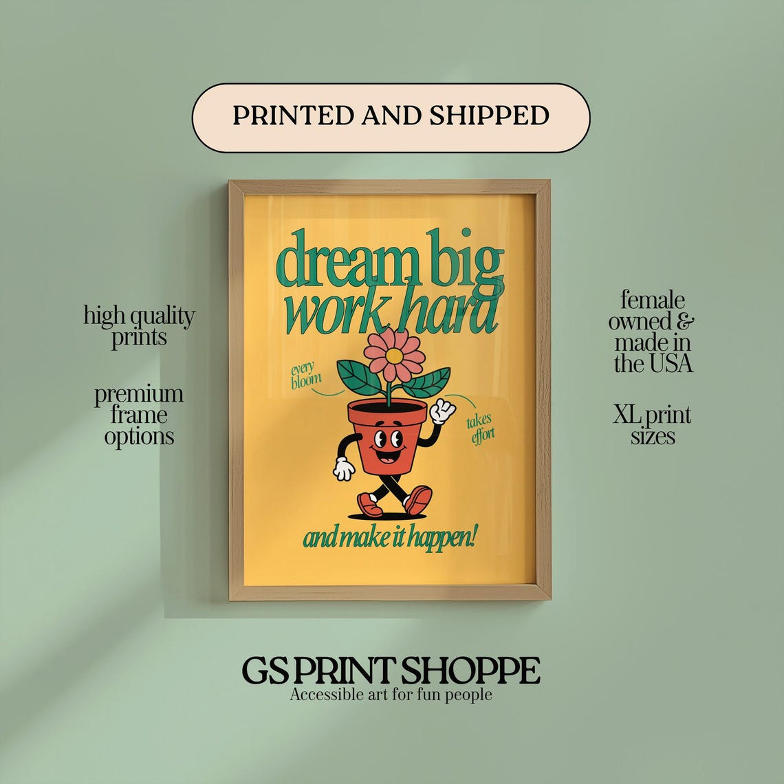 Dream Big Work Hard Vertical Yellow Art Print