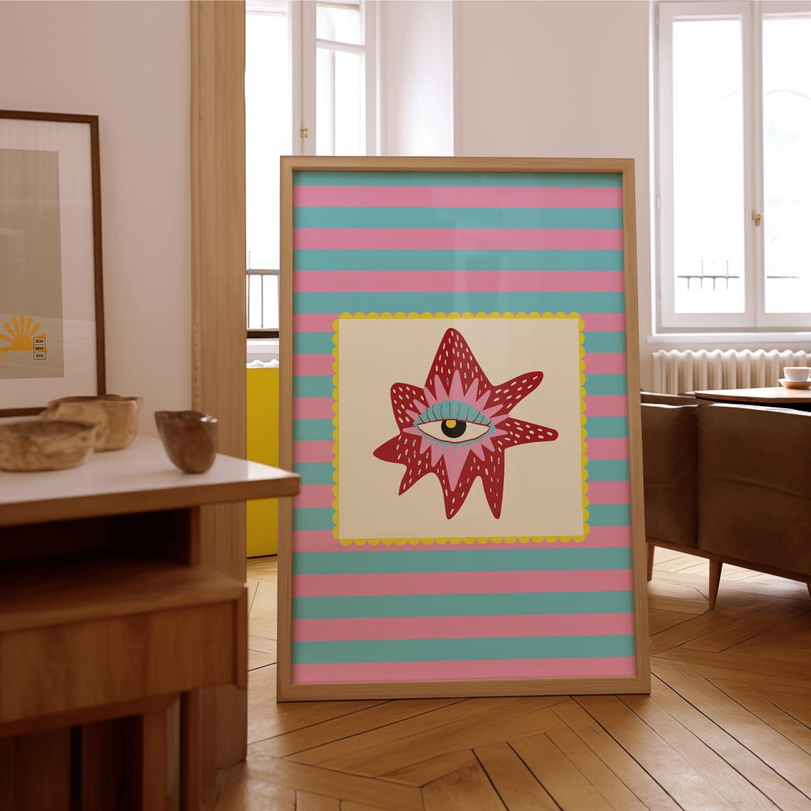 Starburst Eye Maximalist Abstract Pink Teal Striped Pop Art Poster