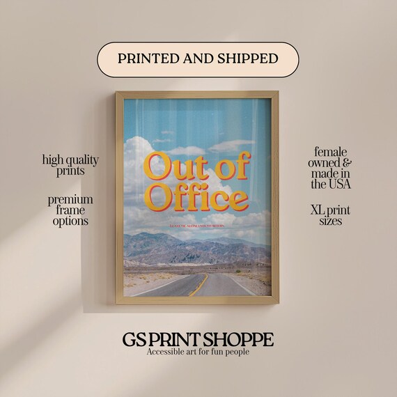 Out Of Office Yellow Poster Desert Road Trip Mountains Blue Sky Retro Art