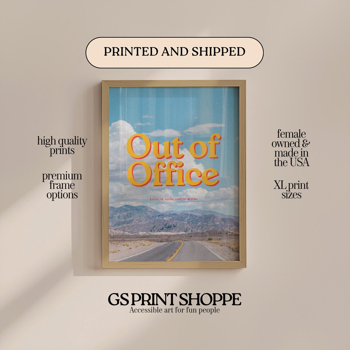 Out Of Office Yellow Poster Desert Road Trip Mountains Blue Sky Retro Art