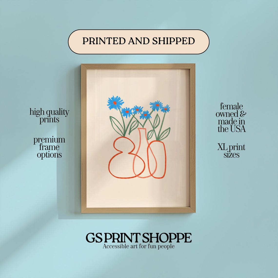 Blue Daisies in Orange Line Vases Modern Minimal Floral Doodle Print