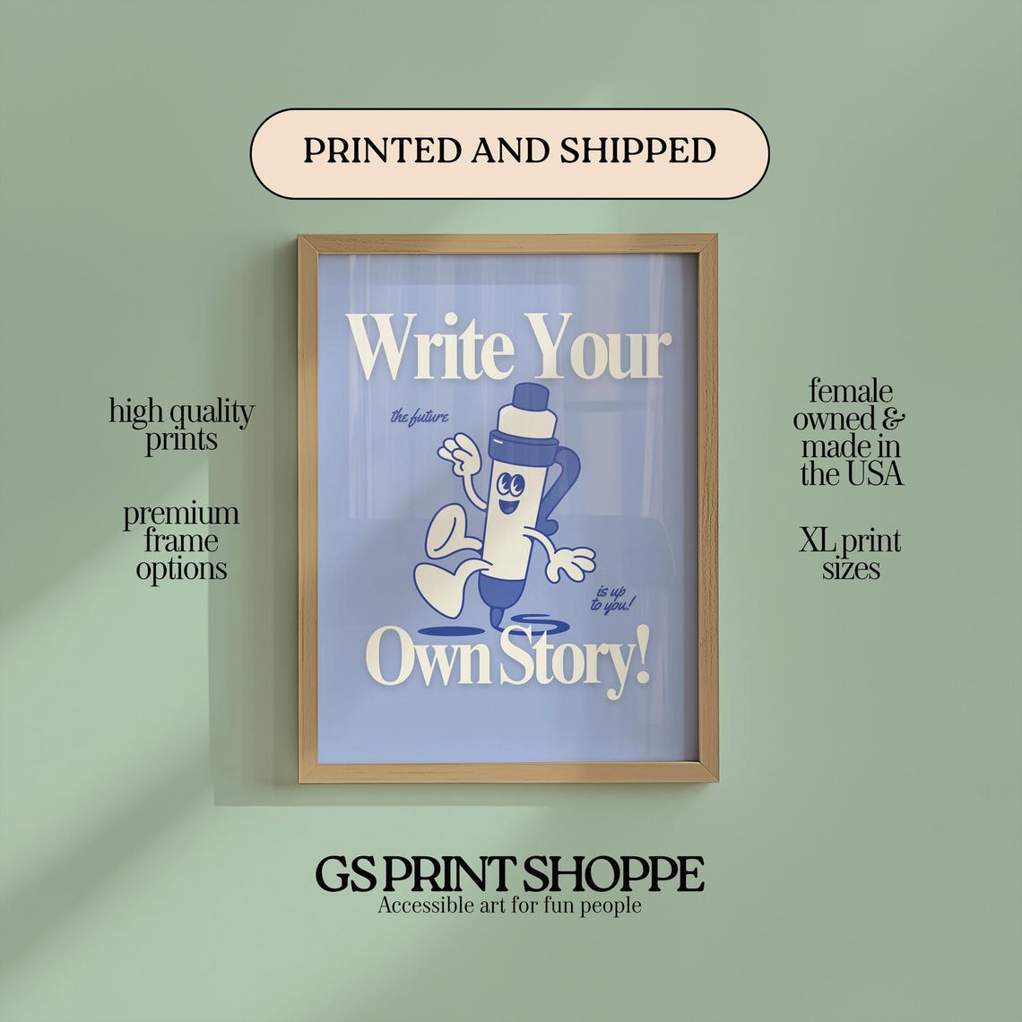 Write Your Own Story Blue Retro Pen Mascot Motivational Quote Poster