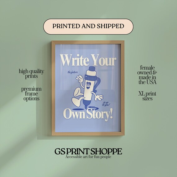 Write Your Own Story Blue Retro Pen Mascot Motivational Quote Poster