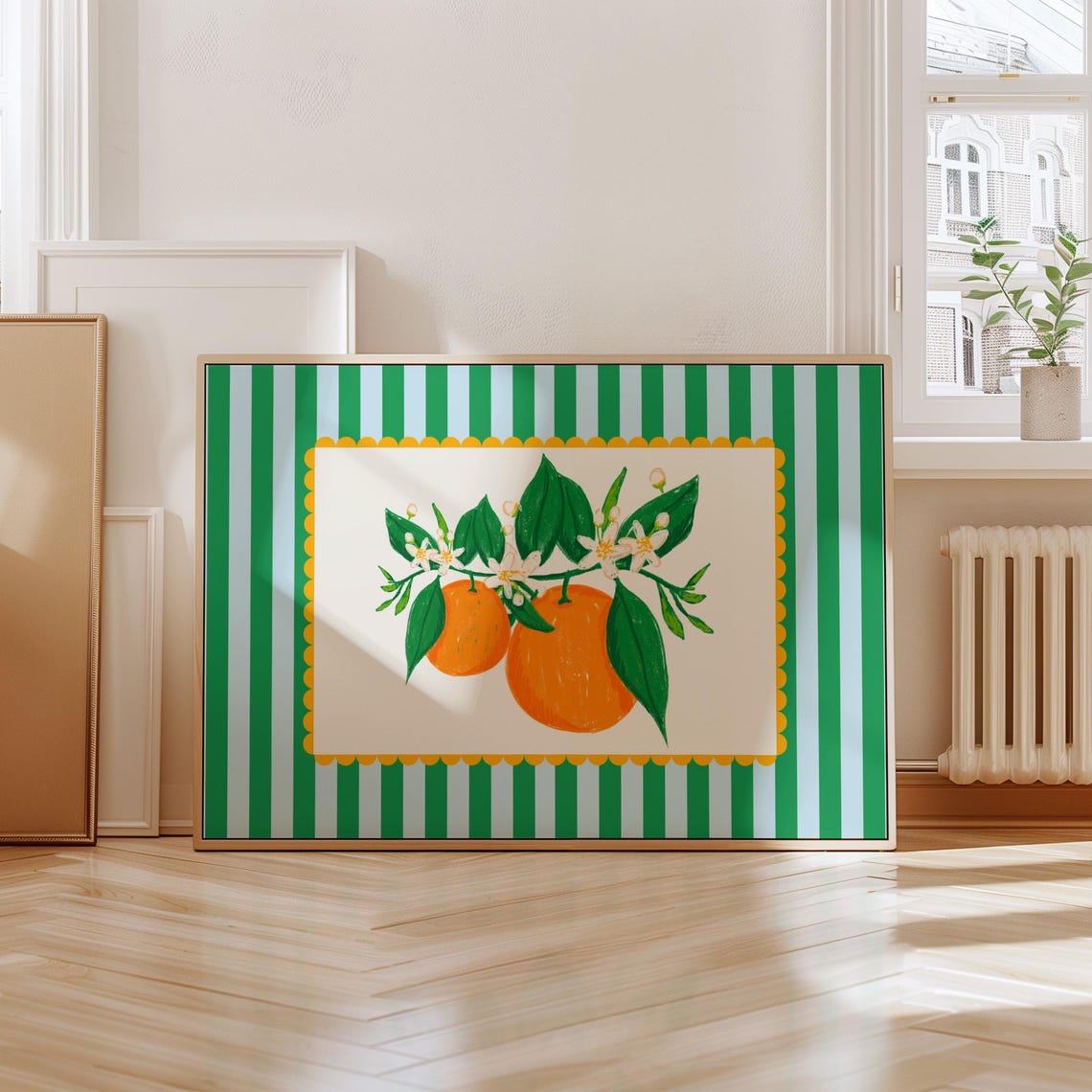Retro Orange Fruit Kitchen Striped Scalloped Decorative Art Print