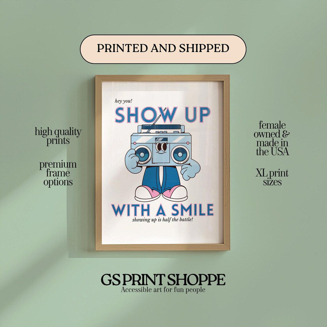 Show Up With A Smile Retro Boombox Character Blue Quote Poster