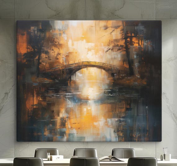 Abstract Sunset Bridge Art Modern Wall Decor Impressionist Paintin Ready To Hang Exclusive Art Piece