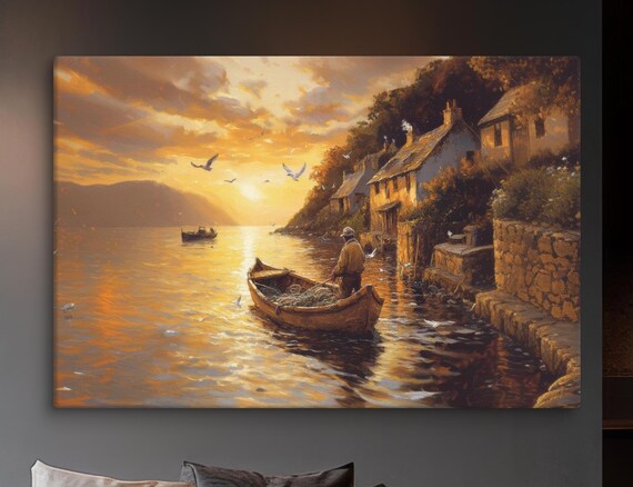 Sunset Fishing Village Fisherman Boat Golden Harbor Coastal Art Poster