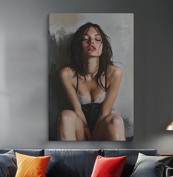 Sensual Desire Intimate Female Portrait Erotic Modern Art Painting Passionate Wall Decor
