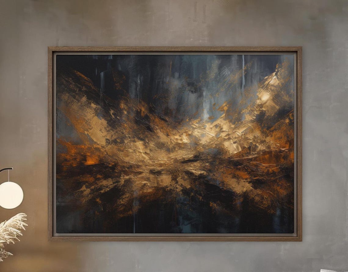 Dark Gold Blue Abstract Painting Moody Textured Framed Luxury Wall Art