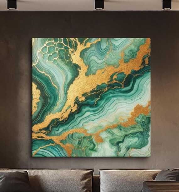 Green And Gold Marble Art Luxury Abstract Painting Modern Textured Wall Decor Ready To Hang Elegant Contemporary Artwork