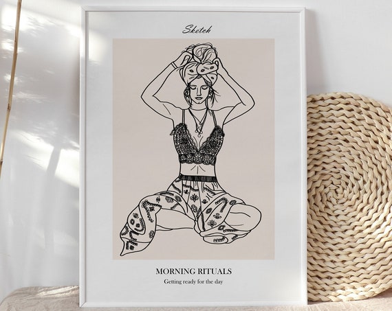 Morning Rituals Getting Ready For The Day Bohemian Wall Decoration Female Illustration Print Beauty Routine