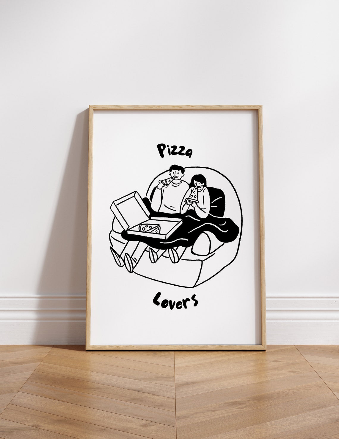 Pizza Lovers Cute Couple Couch Doodle Black White Food Poster - Image 5