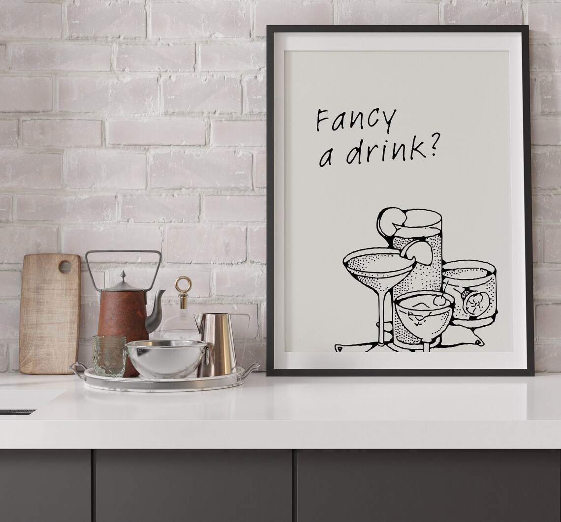 Fancy A Drink Cocktail Glasses Line Art Bar Cart Decor Poster - Image 6