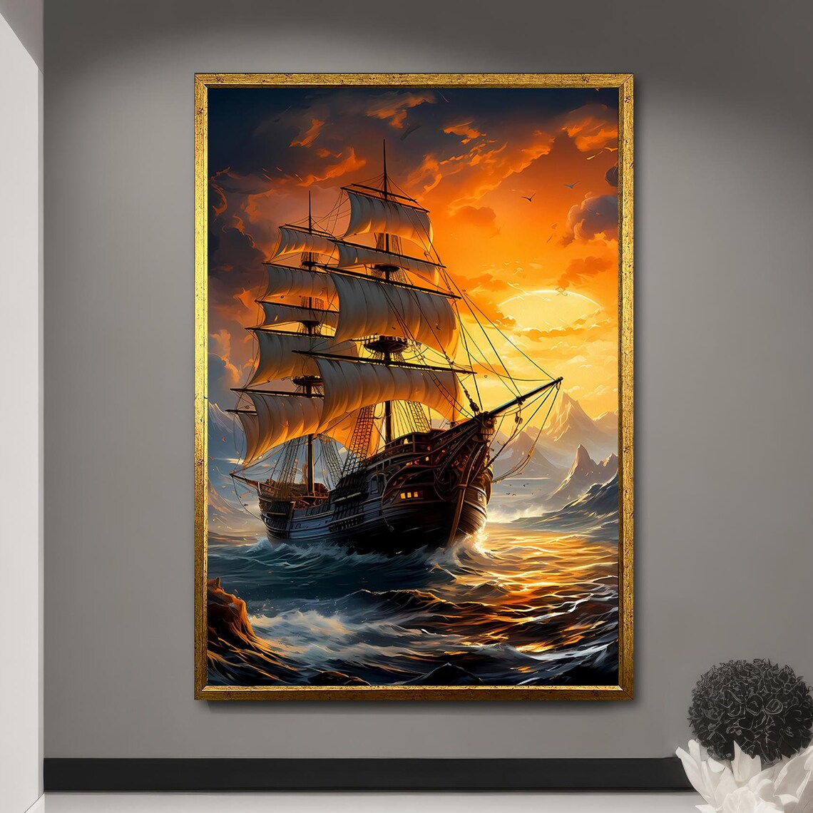 Pirate Ship Adventure at Sunset, Nautical Painting