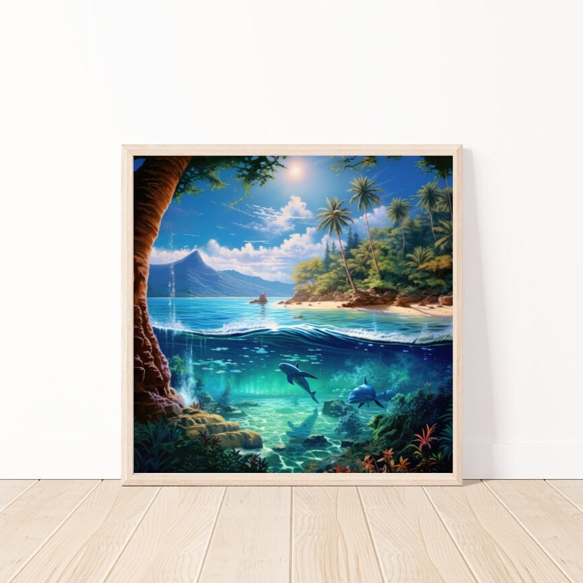Tropical Island Above Water Dolphins Underwater Split View Art Poster - Image 5