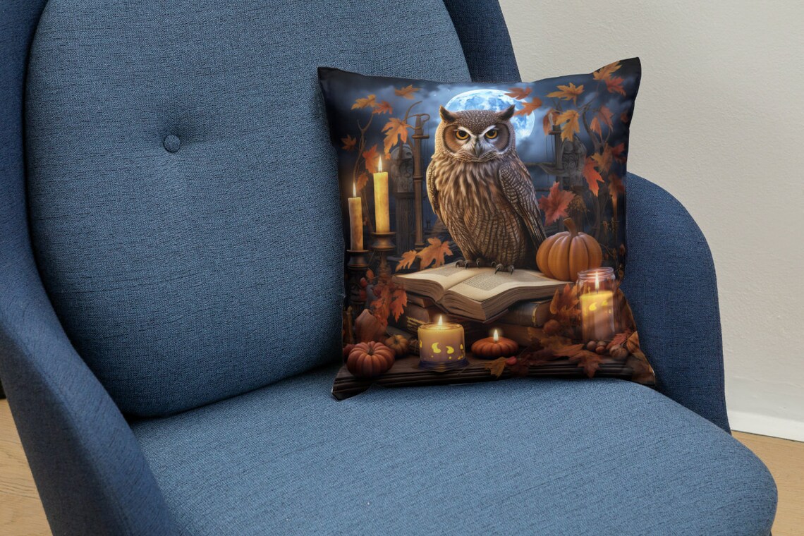 Halloween Owl on Books with Candles Pumpkins and Autumn Moon Poster - Image 3