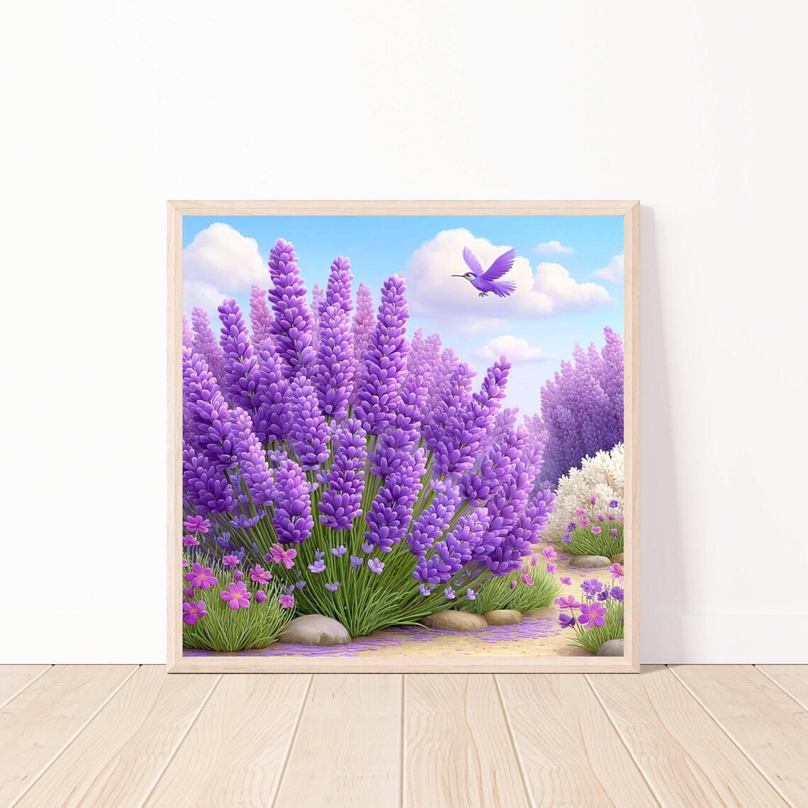 Blooming Purple Lavender Field With Hummingbird Summer Garden Poster