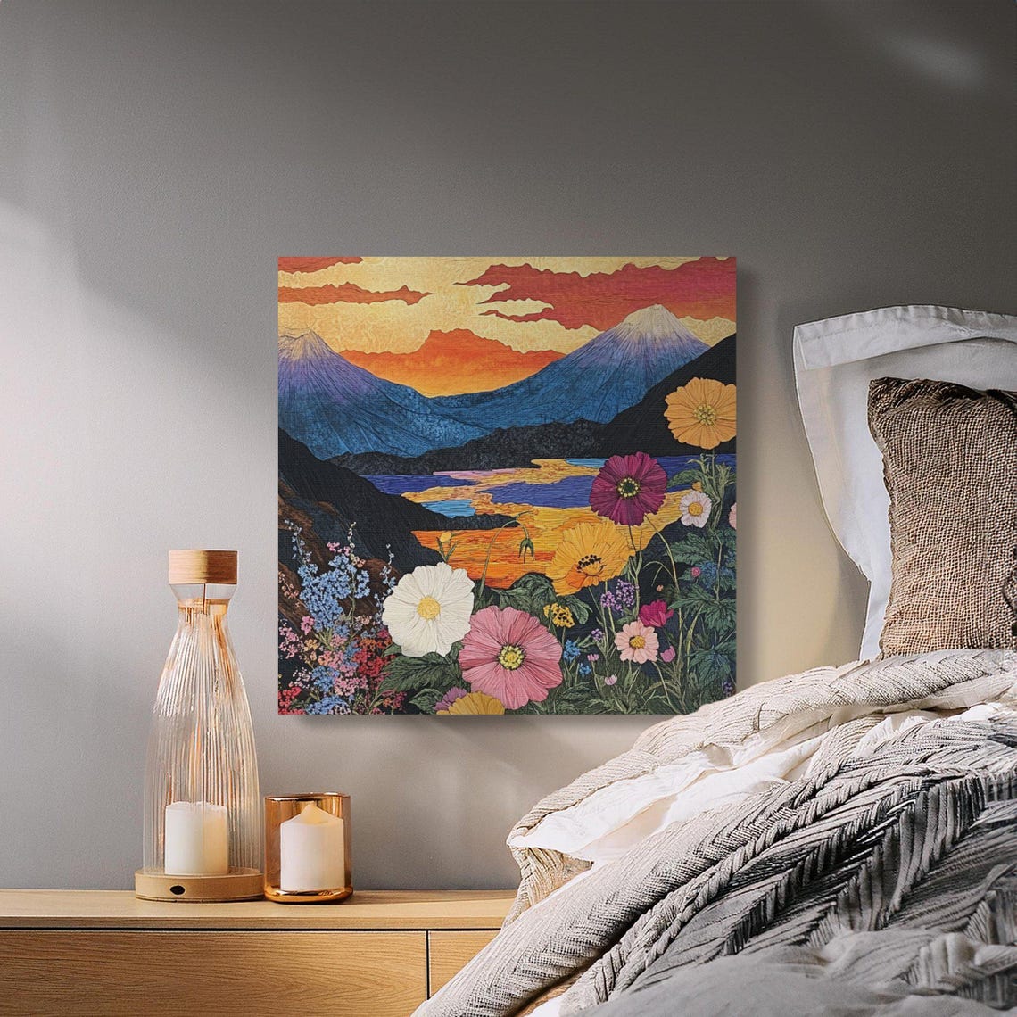 Mount Fuji Sunset With Wildflowers in Japanese Painting Style Poster - Image 4