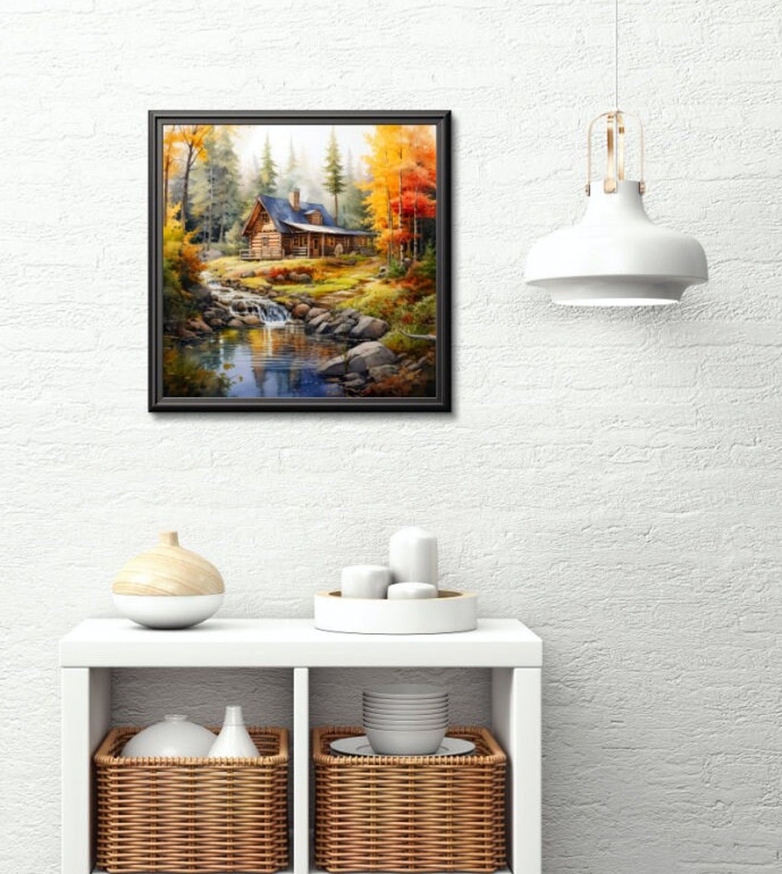 Watercolor Rustic Cabin in Autumn by a Peaceful Stream Poster Art - Image 4