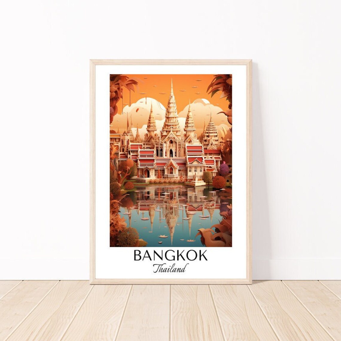 Bangkok Thailand Golden Temple Paper Cut Style Travel Poster