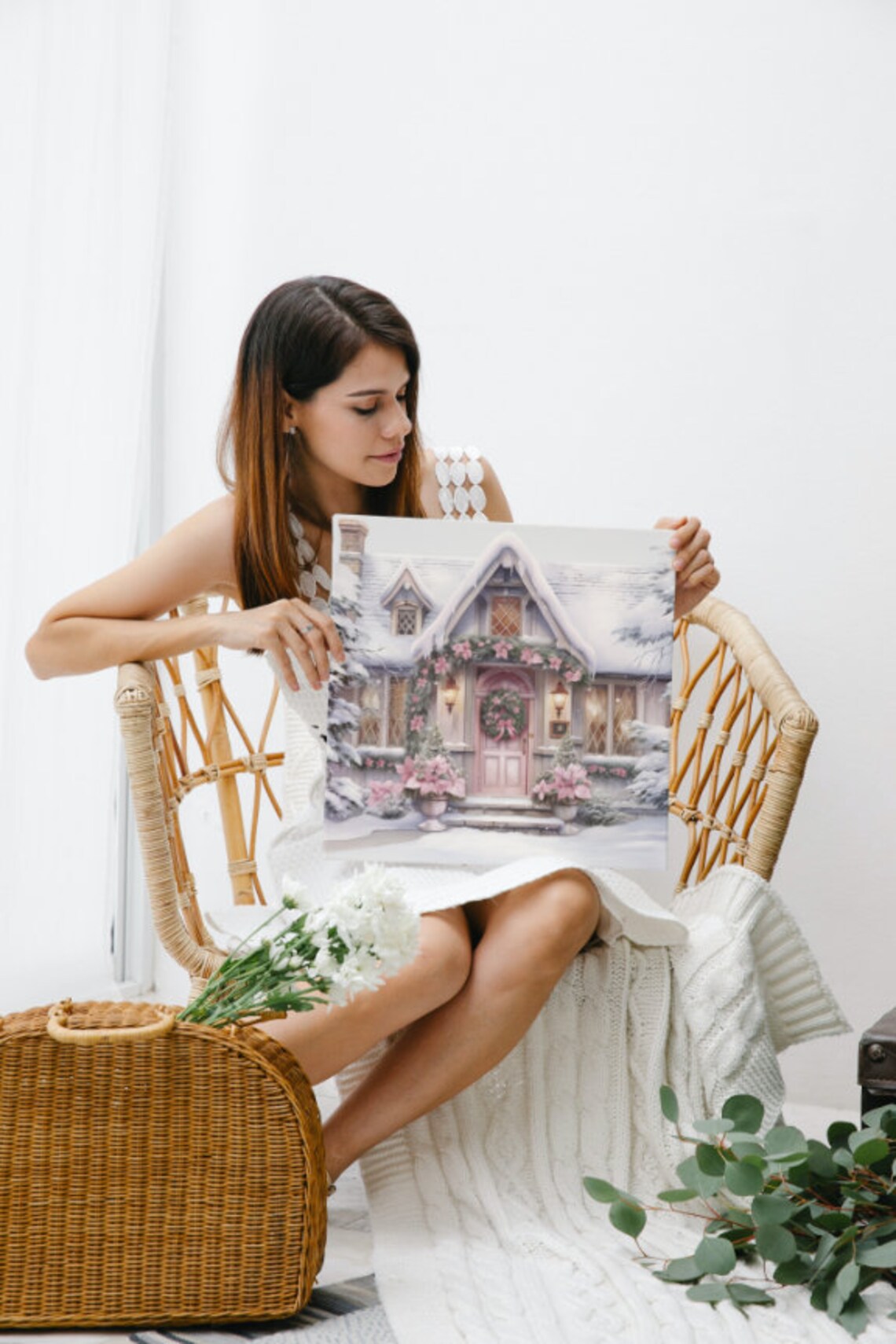 Watercolor Pink Country House at Christmas with Snow Poster Art - Image 5