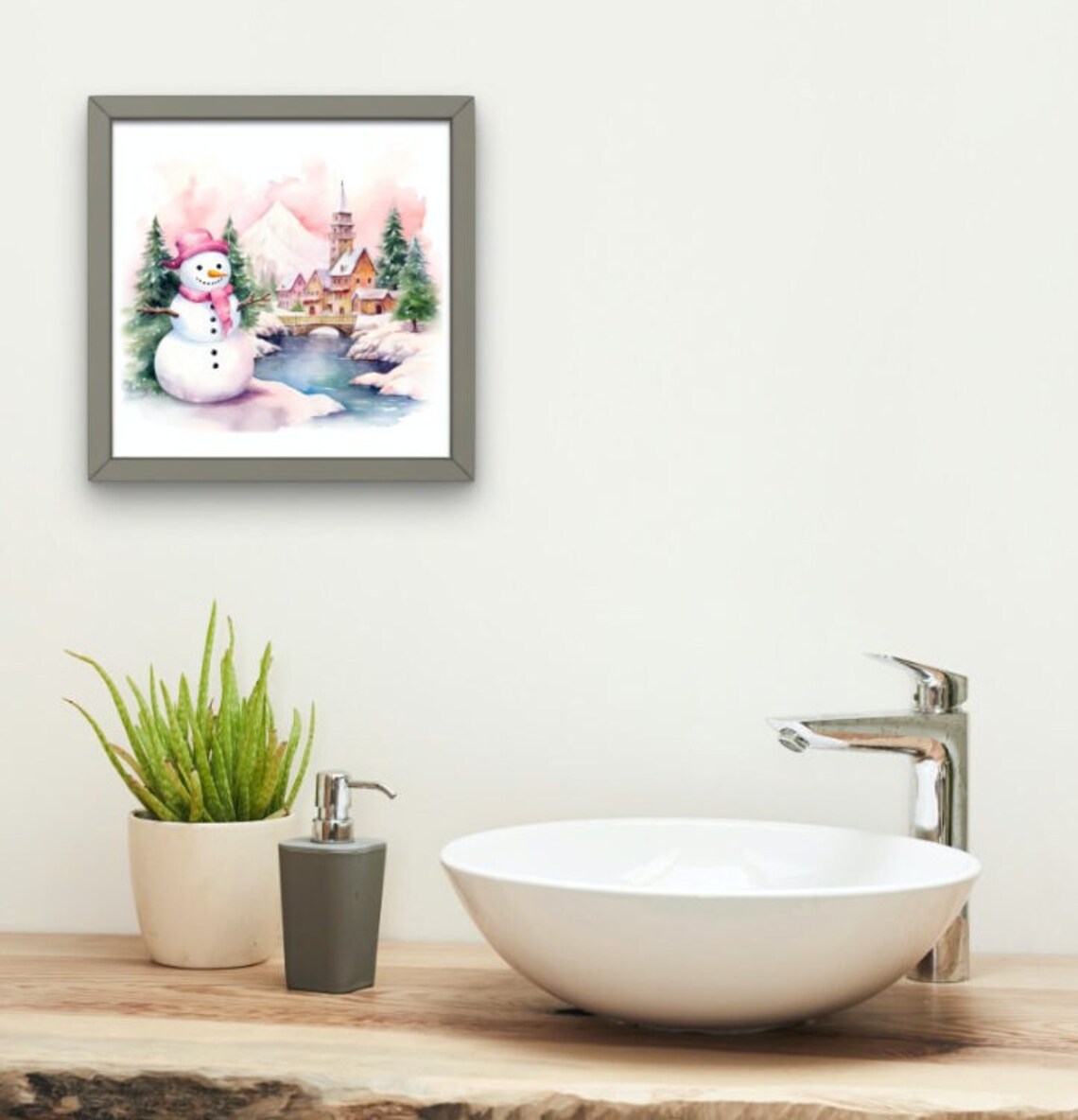 Cute Watercolor Pink Snowman in a Snowy Christmas Village Poster - Image 2