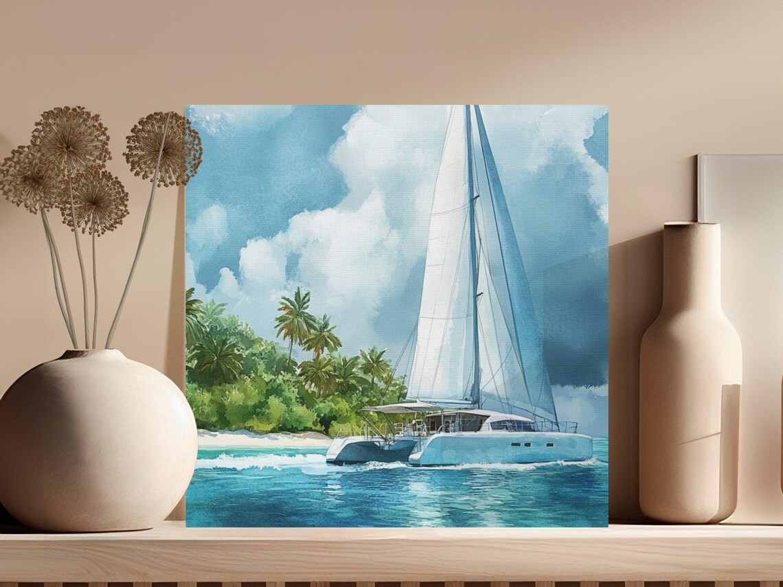 Sailboat Catamaran Cruising by a Tropical Island Watercolor Poster - Image 3