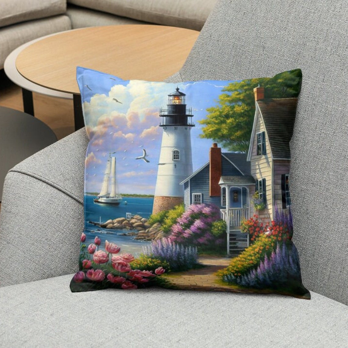 Coastal Lighthouse Cottage Spring Tulip Garden Sailboat Art Poster - Image 4