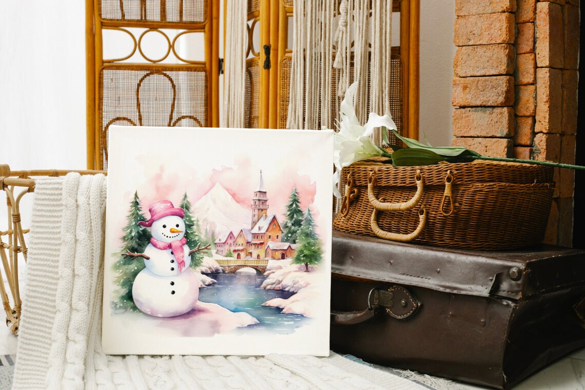 Cute Watercolor Pink Snowman in a Snowy Christmas Village Poster - Image 5