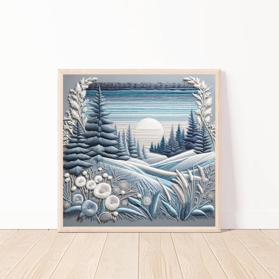 Winter Forest Wall Art Snowy Landscape Print Scandinavian Decor Modern Embroidery Home Nature Poster 20x20