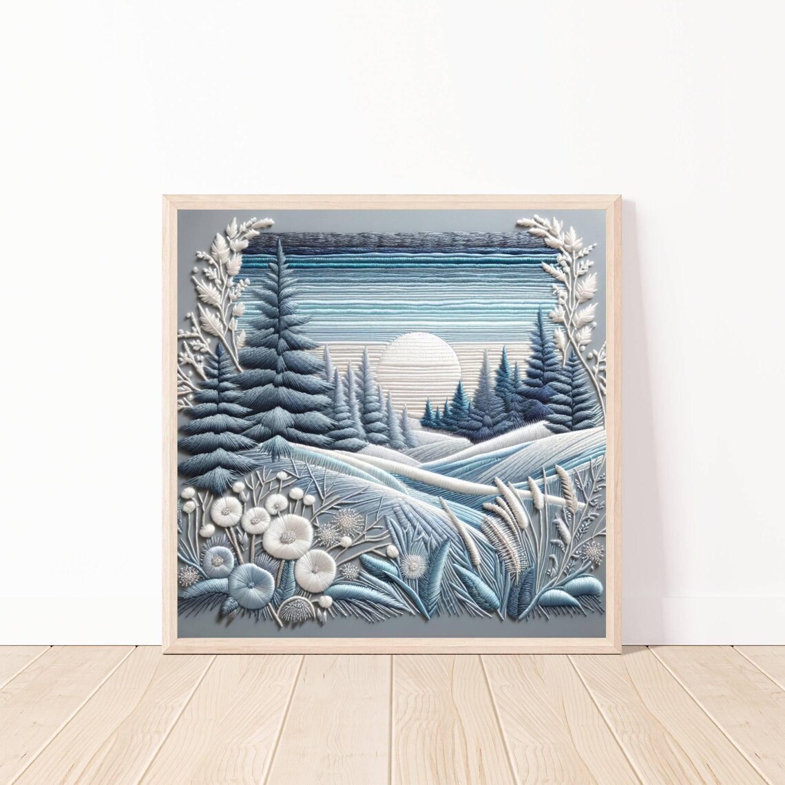 Winter Forest Embroidery Style Snowy Pine Landscape Scenic Poster