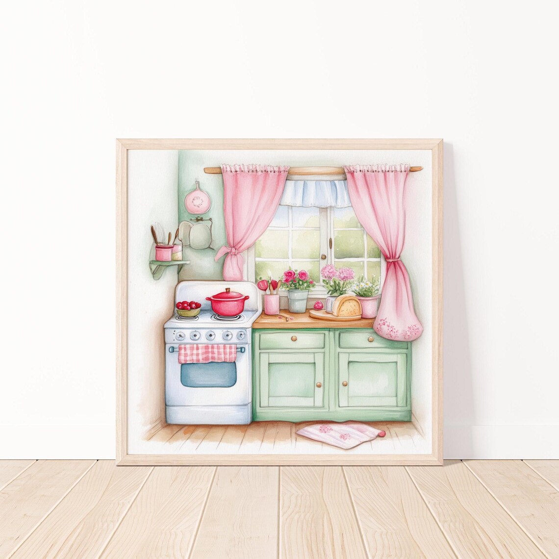 Cozy Vintage Pink Kitchen With Stove Flowers and Curtains Poster