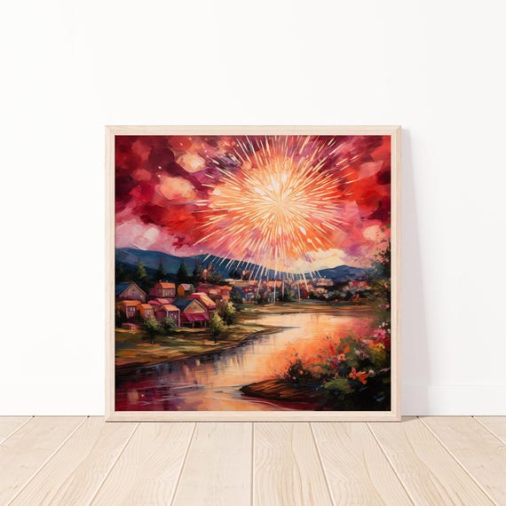 Colorful Fireworks Over Lake Wall Art Sunset Village Decor Firework Burst Modern Home Print 20x20