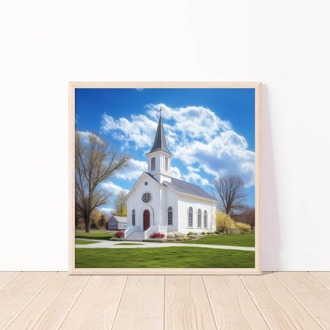White Country Church Under Blue Sky Vintage Photography Poster