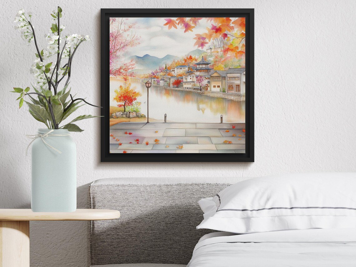 Autumn Village Pagoda River Red Maple Leaves Old Town Watercolor Poster - Image 3
