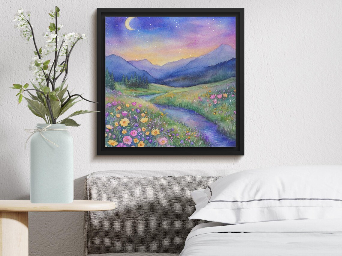 Starry Night Mountain Valley Crescent Moon Wildflower Stream Art Poster - Image 2