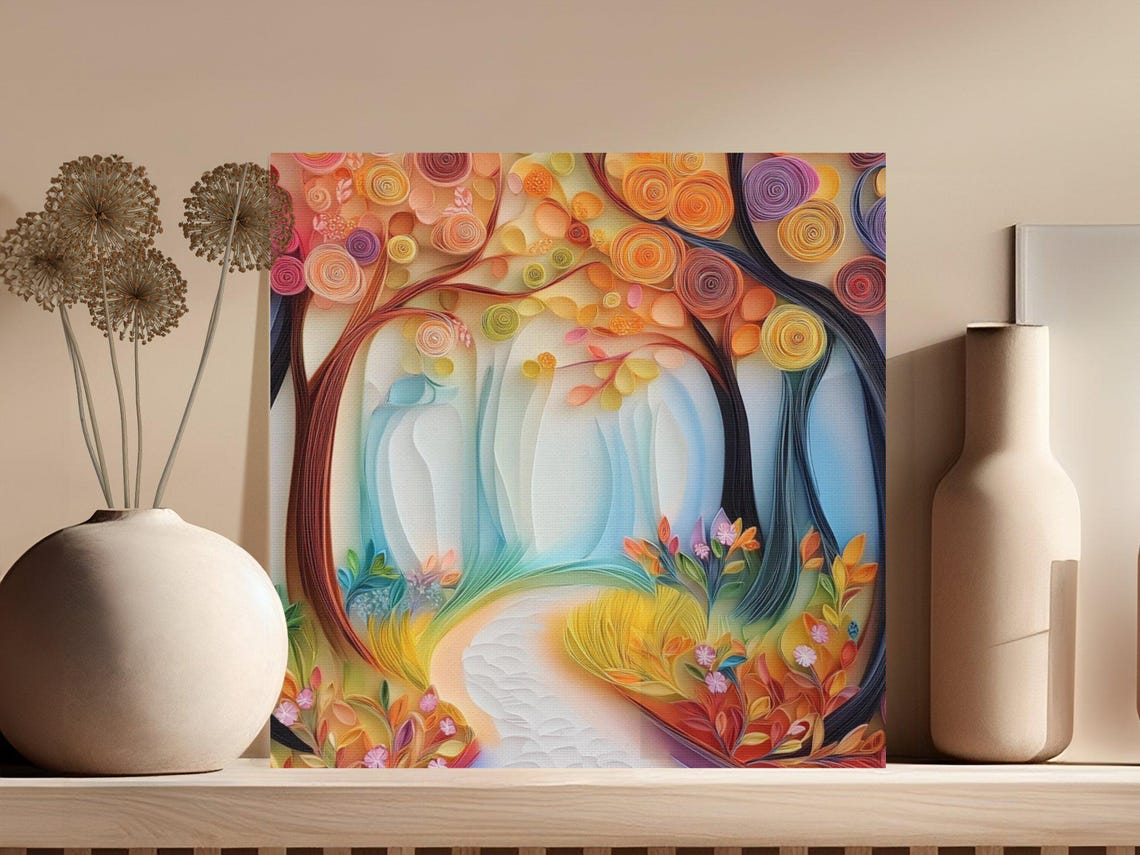 Vibrant Paper Quilling Autumn Forest Path in Warm Tones Poster - Image 3