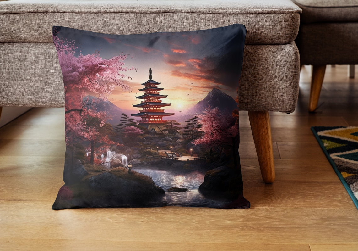 Japanese Pagoda Sunset Cherry Blossoms and Mount Fuji Art Poster - Image 4
