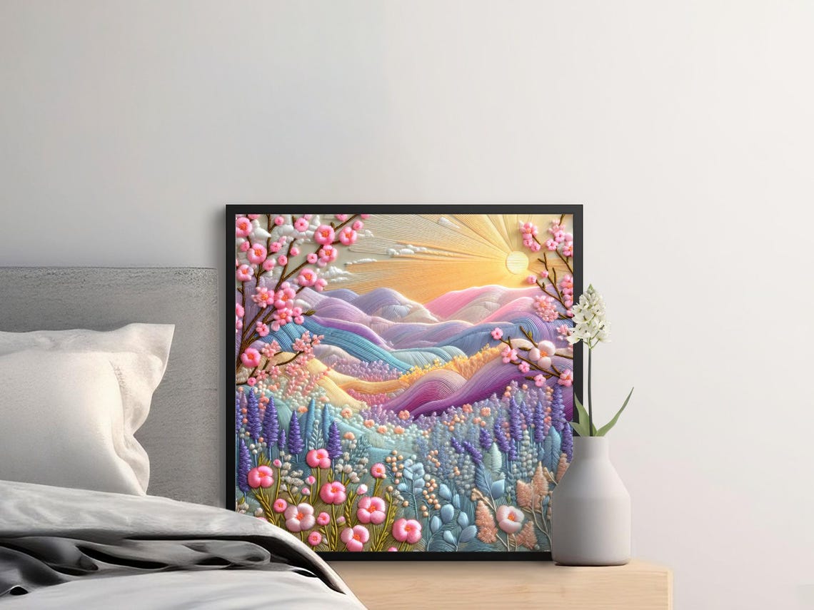 Pink Blossom Sunrise Mountain Valley Cherry Blossom Dreamy Sky Poster