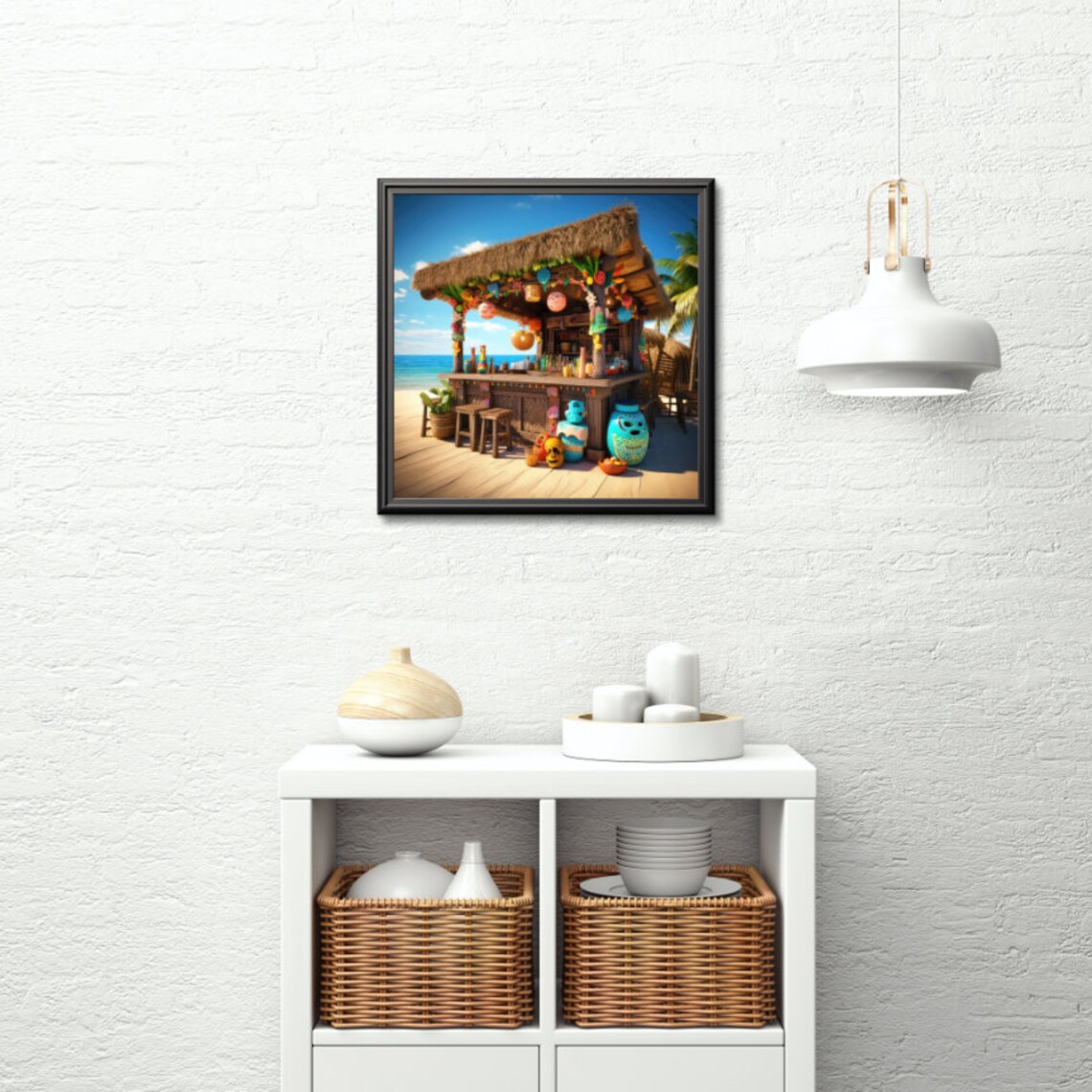 Island Beach Bar with Thatched Roof and Tiki Lanterns Poster Art - Image 2