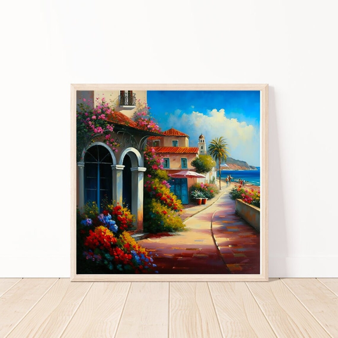 Mediterranean Seaside Village Bougainvillea Coastal Oil Art Poster