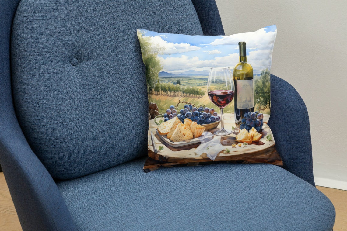 Red Wine Glass and Bottle With Cheese and Grapes Countryside Poster - Image 2